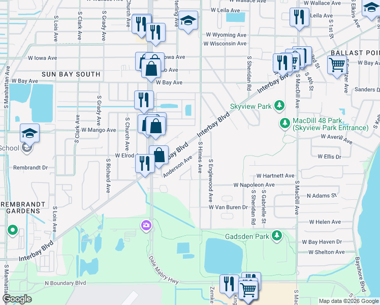 map of restaurants, bars, coffee shops, grocery stores, and more near 6610 Interbay Boulevard in Tampa