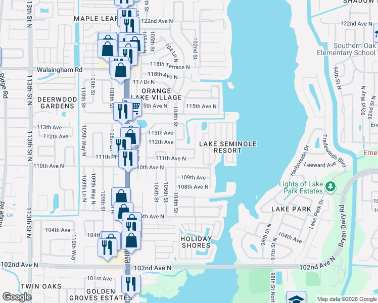 map of restaurants, bars, coffee shops, grocery stores, and more near 10345 111th Place North in Largo