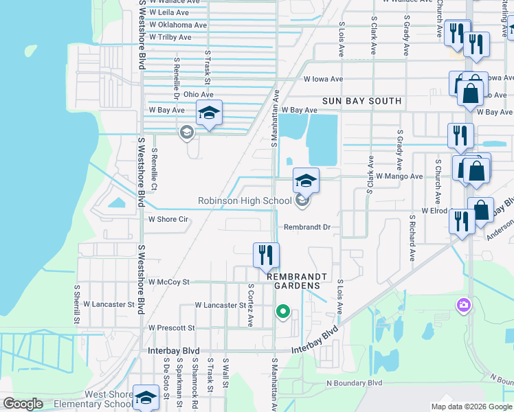 map of restaurants, bars, coffee shops, grocery stores, and more near 6348 South Lansdale Circle in Tampa