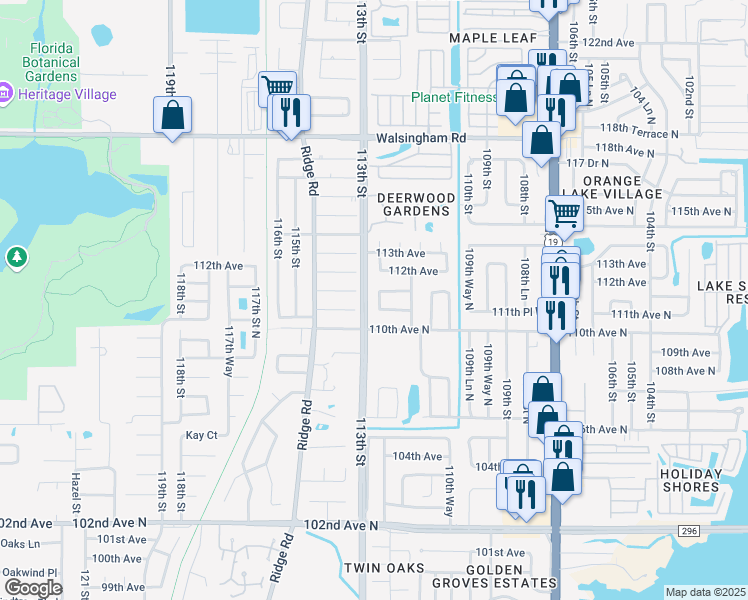 map of restaurants, bars, coffee shops, grocery stores, and more near 11136 112th Street North in Largo