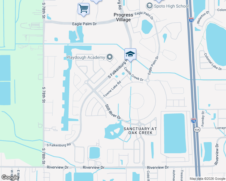 map of restaurants, bars, coffee shops, grocery stores, and more near 7025 Towne Lake Road in Riverview