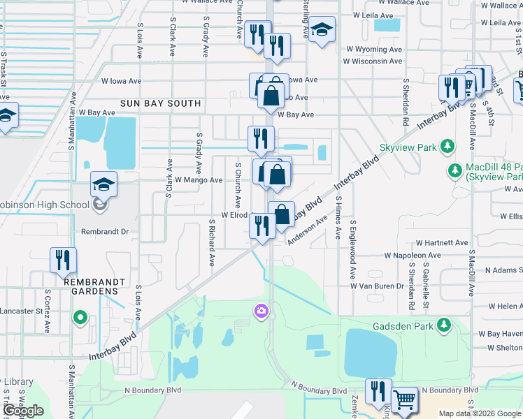 map of restaurants, bars, coffee shops, grocery stores, and more near 6314 South Harold Avenue in Tampa