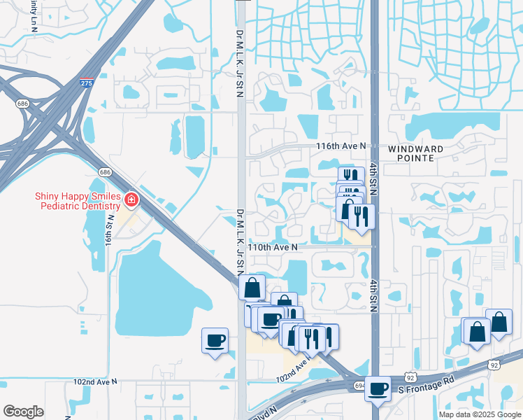 map of restaurants, bars, coffee shops, grocery stores, and more near 11401 Doctor Martin Luther King Junior Street North in St. Petersburg