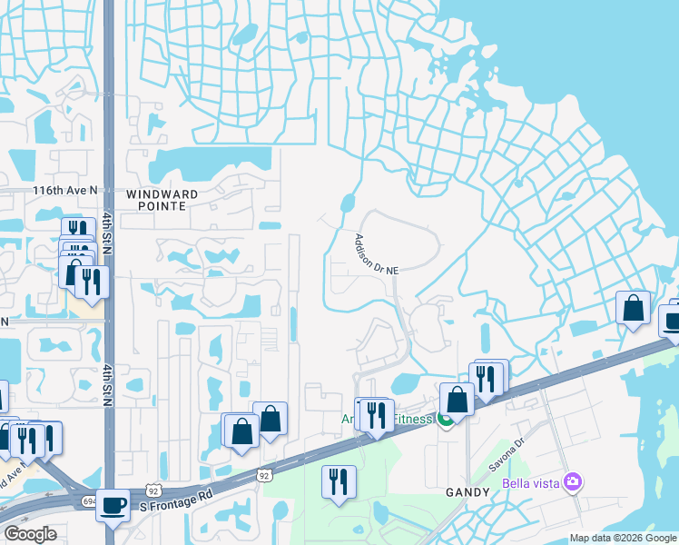 map of restaurants, bars, coffee shops, grocery stores, and more near 580 Shoreham Court Northeast in St. Petersburg