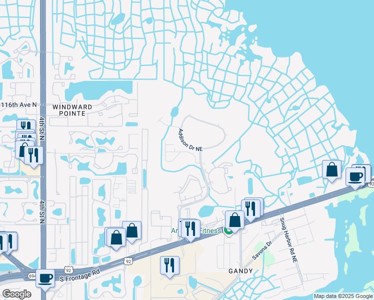 map of restaurants, bars, coffee shops, grocery stores, and more near 671 Addison Drive Northeast in St. Petersburg