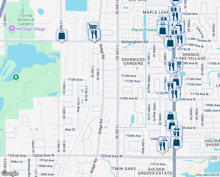 map of restaurants, bars, coffee shops, grocery stores, and more near 11365 111th Avenue in Largo