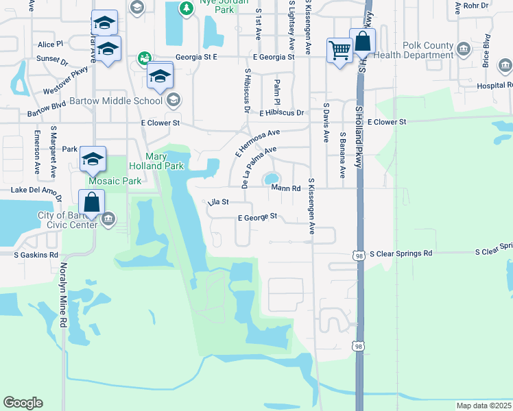 map of restaurants, bars, coffee shops, grocery stores, and more near 2150 De La Palma Avenue in Bartow