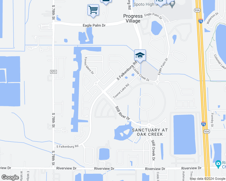 map of restaurants, bars, coffee shops, grocery stores, and more near 7070 Woodchase Glen Drive in Riverview
