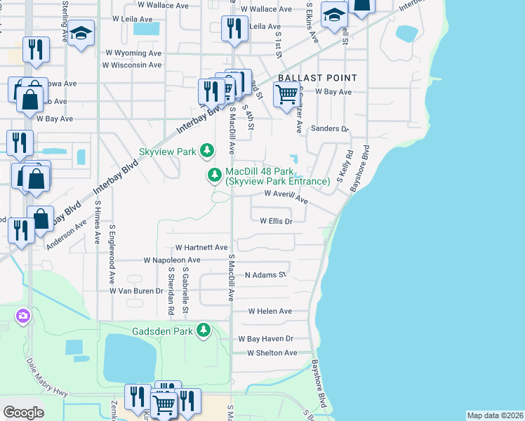 map of restaurants, bars, coffee shops, grocery stores, and more near 2929 West Elrod Avenue in Tampa