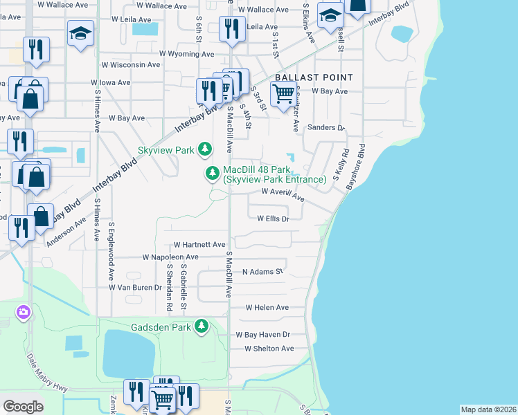 map of restaurants, bars, coffee shops, grocery stores, and more near 2929 West Elrod Avenue in Tampa