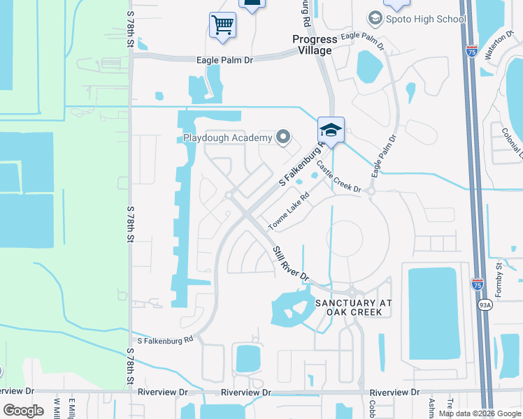 map of restaurants, bars, coffee shops, grocery stores, and more near 7059 Woodchase Glen Drive in Riverview