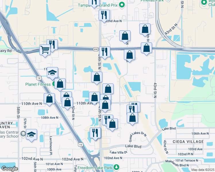 map of restaurants, bars, coffee shops, grocery stores, and more near 11201 49th Street North in Clearwater
