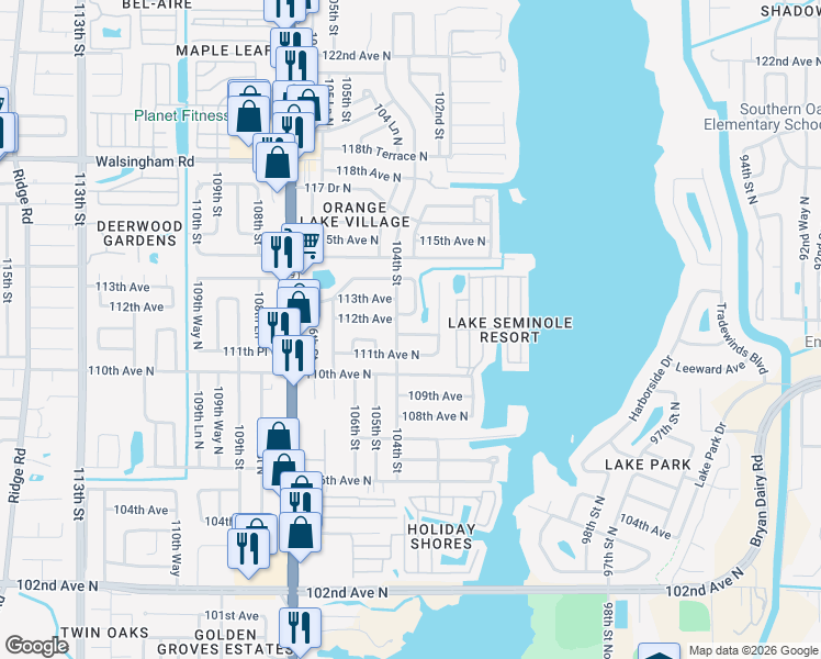 map of restaurants, bars, coffee shops, grocery stores, and more near 10345 111th Place North in Largo