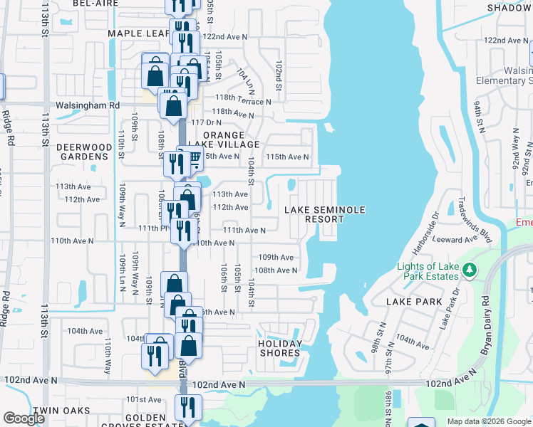 map of restaurants, bars, coffee shops, grocery stores, and more near 10345 111th Place North in Largo
