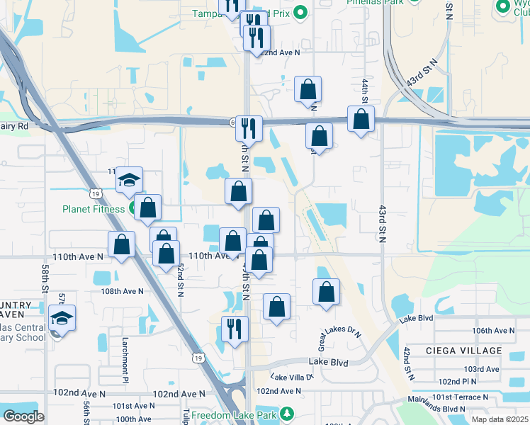 map of restaurants, bars, coffee shops, grocery stores, and more near 11201 49th St N in Clearwater