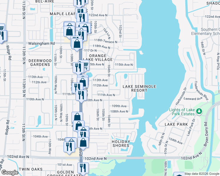 map of restaurants, bars, coffee shops, grocery stores, and more near 10450 112th Avenue in Largo