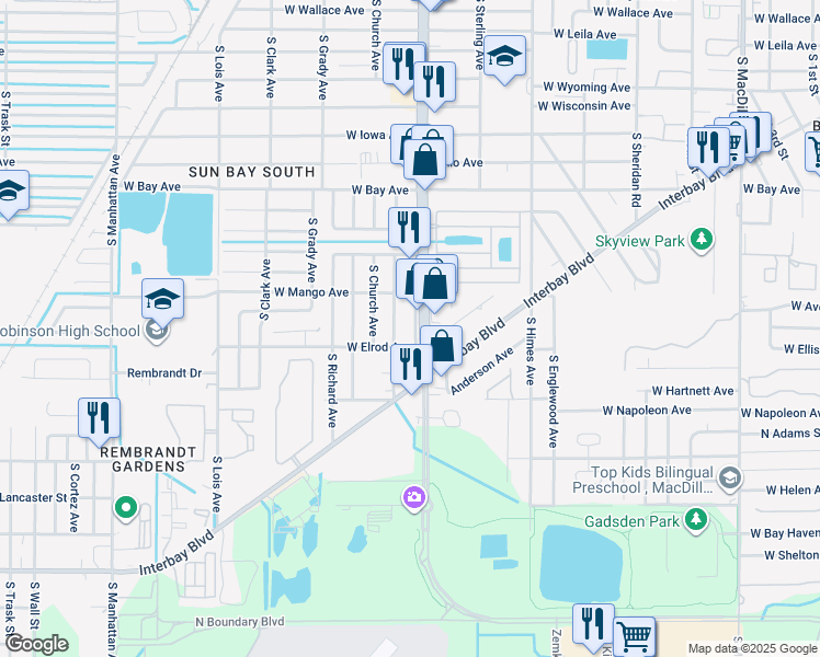 map of restaurants, bars, coffee shops, grocery stores, and more near 6314 South Harold Avenue in Tampa