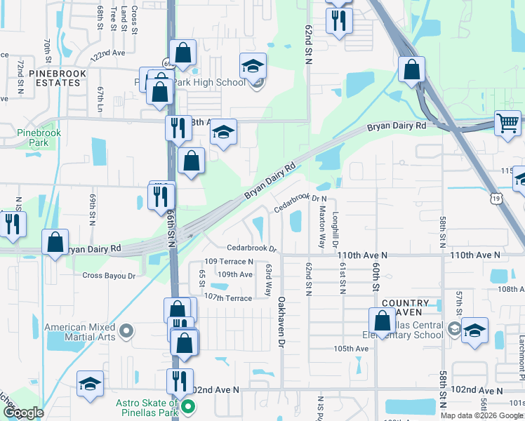 map of restaurants, bars, coffee shops, grocery stores, and more near 6320 Elmhurst Drive in Pinellas Park