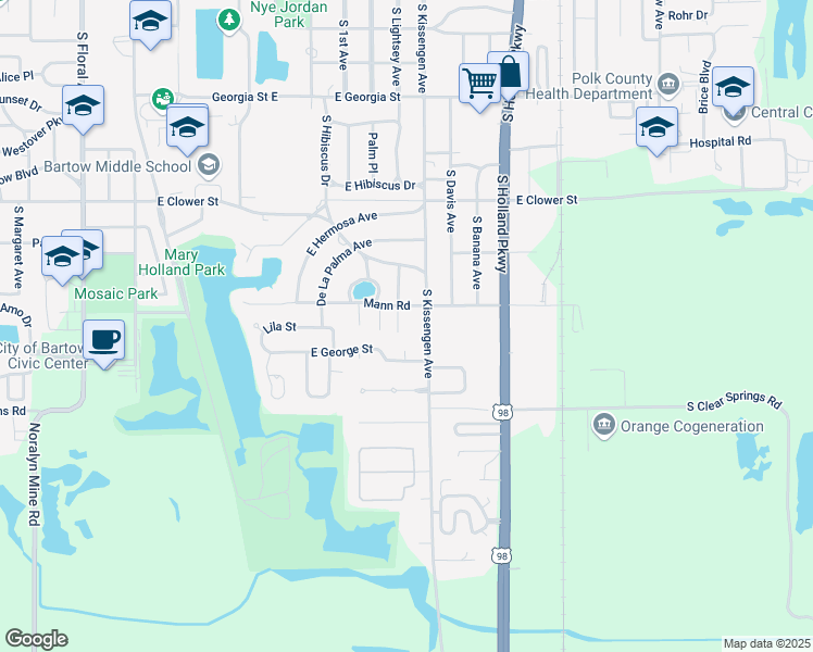 map of restaurants, bars, coffee shops, grocery stores, and more near 2150 De Las Flores Avenue in Bartow