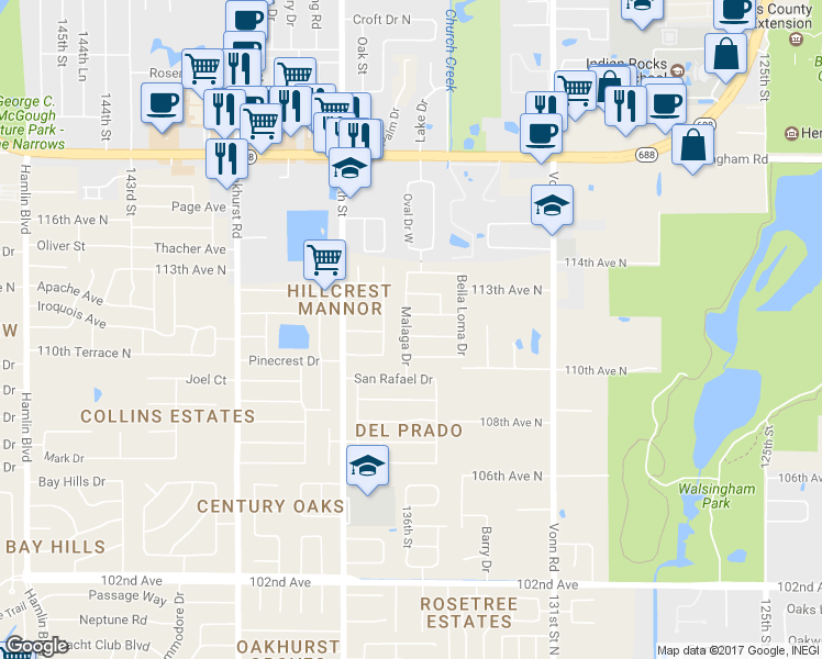 map of restaurants, bars, coffee shops, grocery stores, and more near 13511 Hacienda Dr in Largo