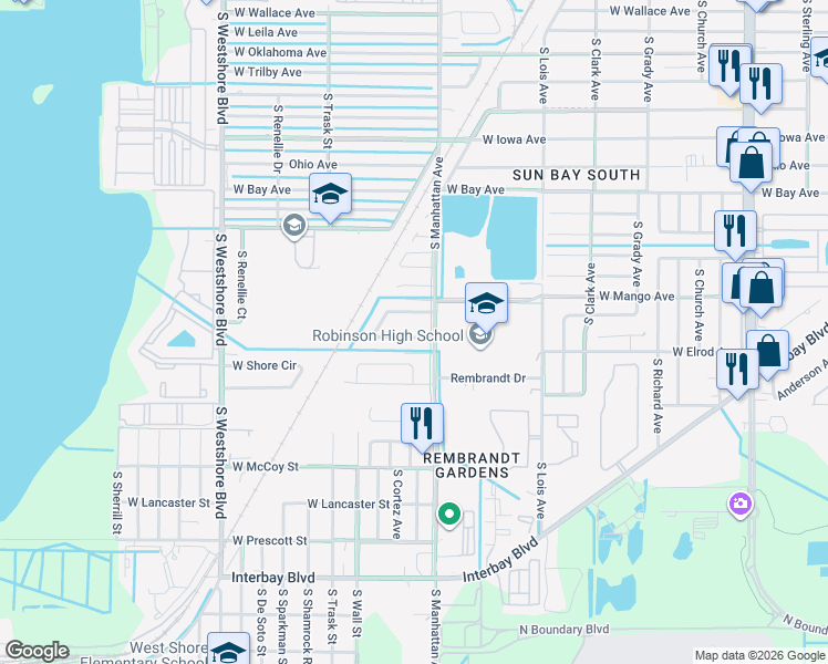 map of restaurants, bars, coffee shops, grocery stores, and more near 6348 South Lansdale Circle in Tampa