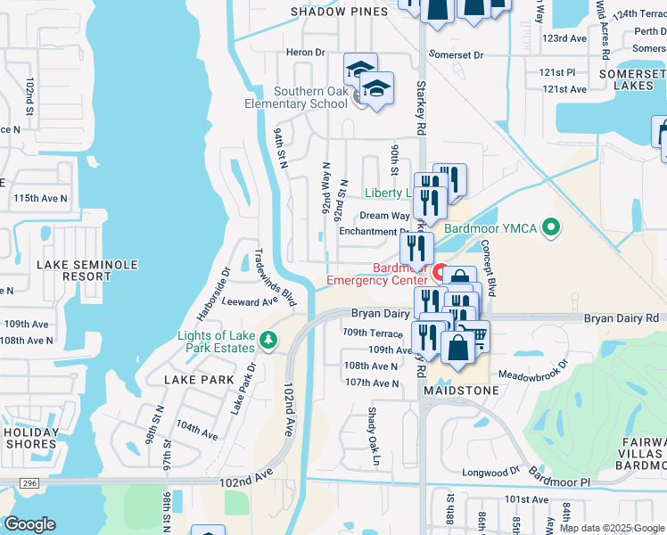 map of restaurants, bars, coffee shops, grocery stores, and more near 9202 Fairweather Drive in Largo