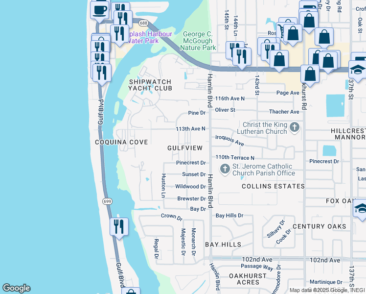 map of restaurants, bars, coffee shops, grocery stores, and more near 14720 113th Avenue North in Largo