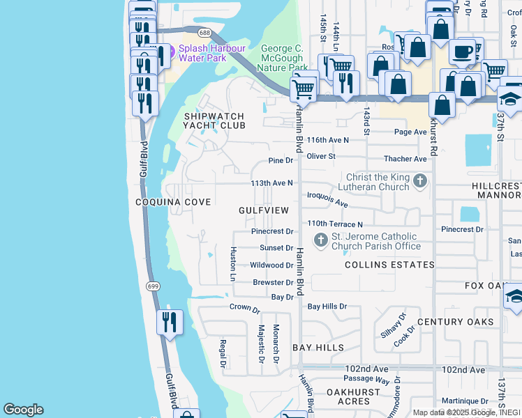 map of restaurants, bars, coffee shops, grocery stores, and more near 14720 113th Avenue North in Largo