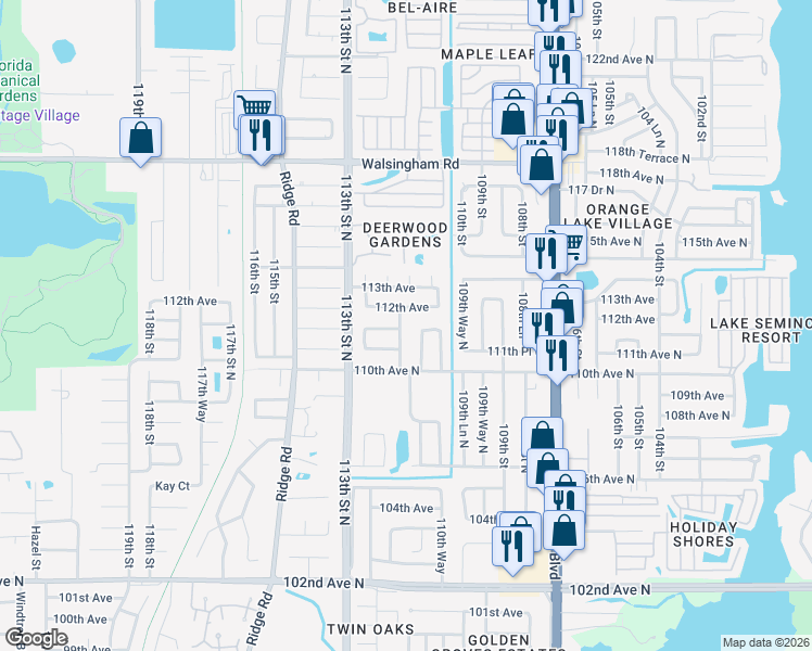 map of restaurants, bars, coffee shops, grocery stores, and more near 11169 111th Way in Largo