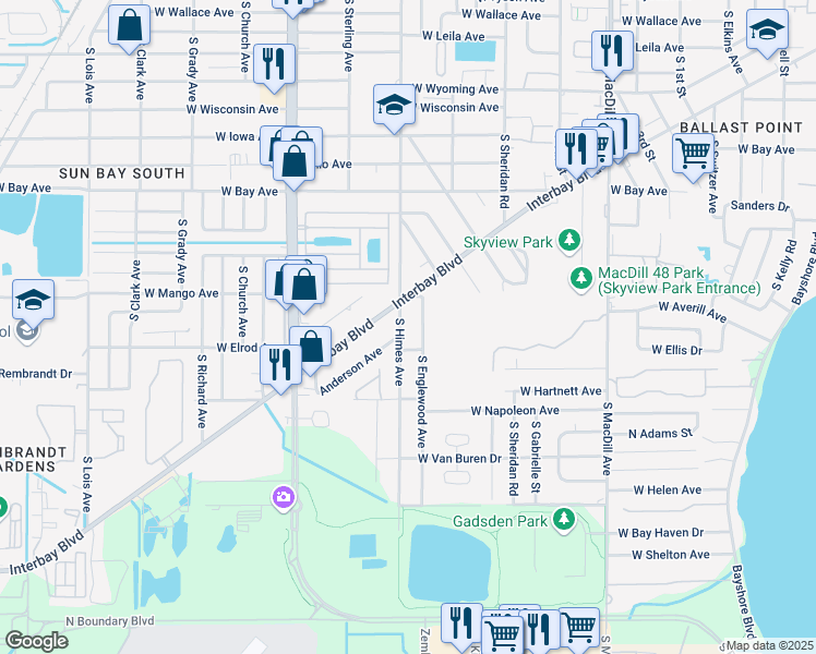 map of restaurants, bars, coffee shops, grocery stores, and more near 6411 South Englewood Avenue in Tampa