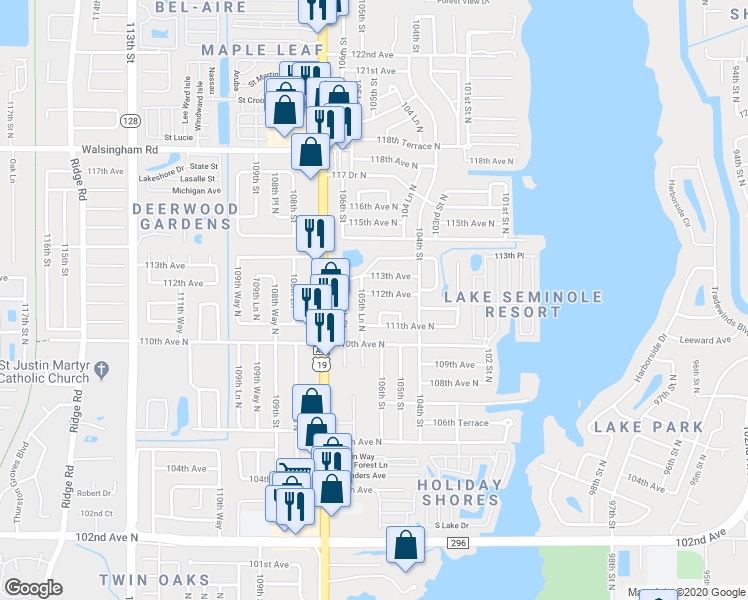 map of restaurants, bars, coffee shops, grocery stores, and more near 10574 112th Avenue in Largo