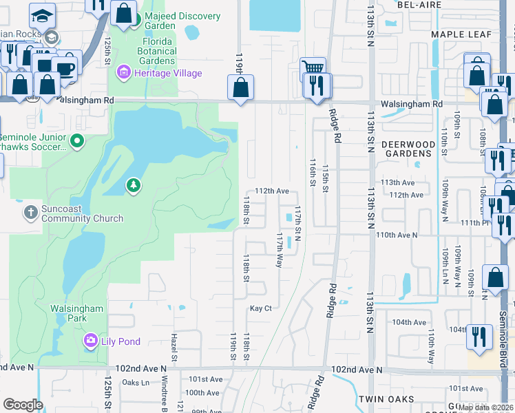 map of restaurants, bars, coffee shops, grocery stores, and more near 11782 111th Terrace in Seminole
