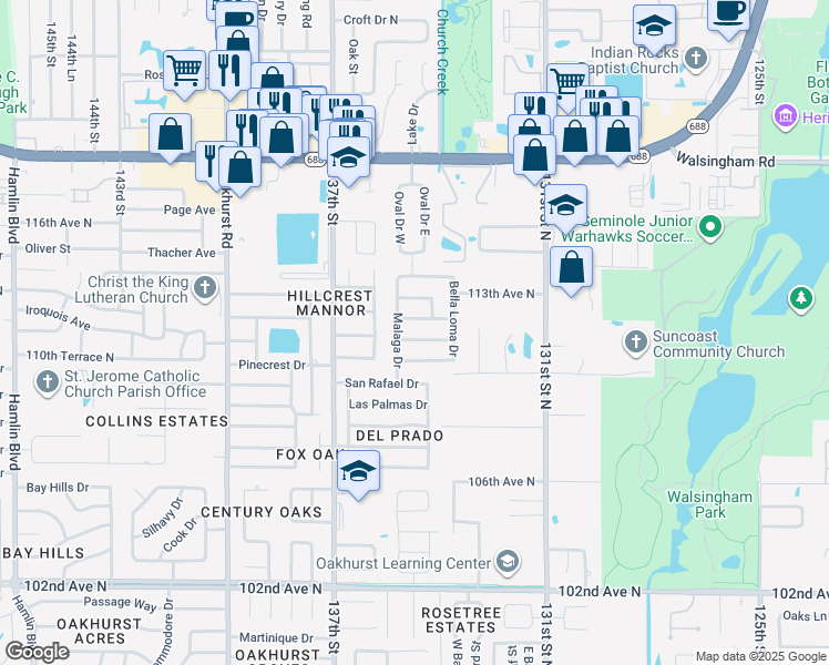 map of restaurants, bars, coffee shops, grocery stores, and more near 13511 Hacienda Drive in Largo