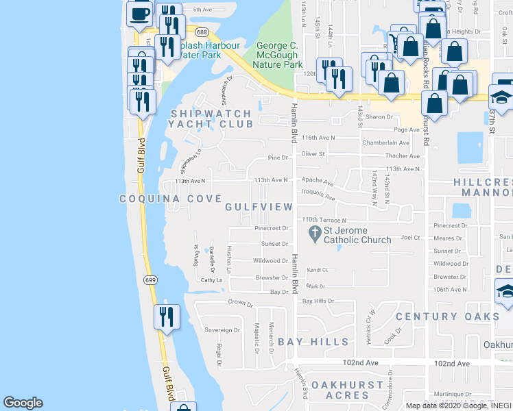 map of restaurants, bars, coffee shops, grocery stores, and more near 14720 113th Avenue North in Largo