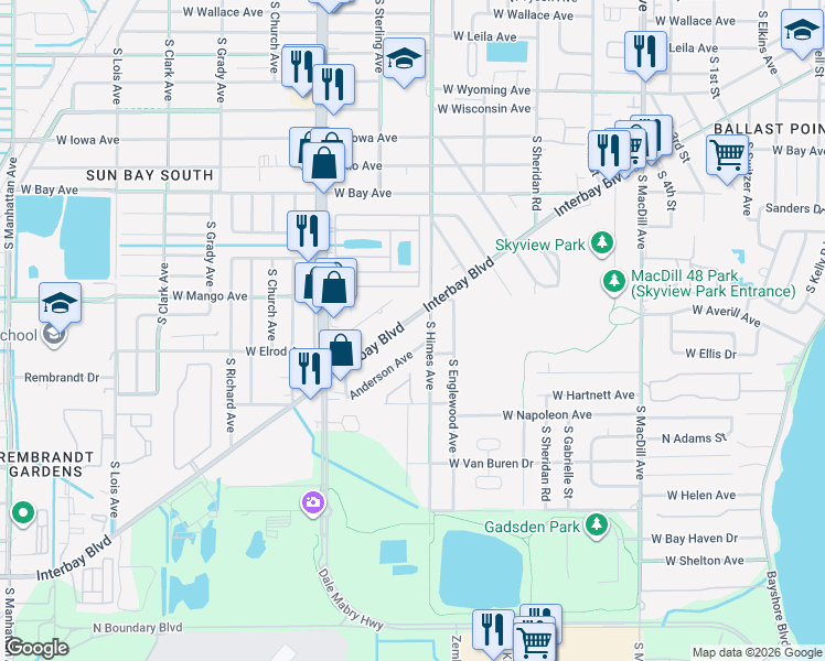 map of restaurants, bars, coffee shops, grocery stores, and more near 6610 Interbay Boulevard in Tampa