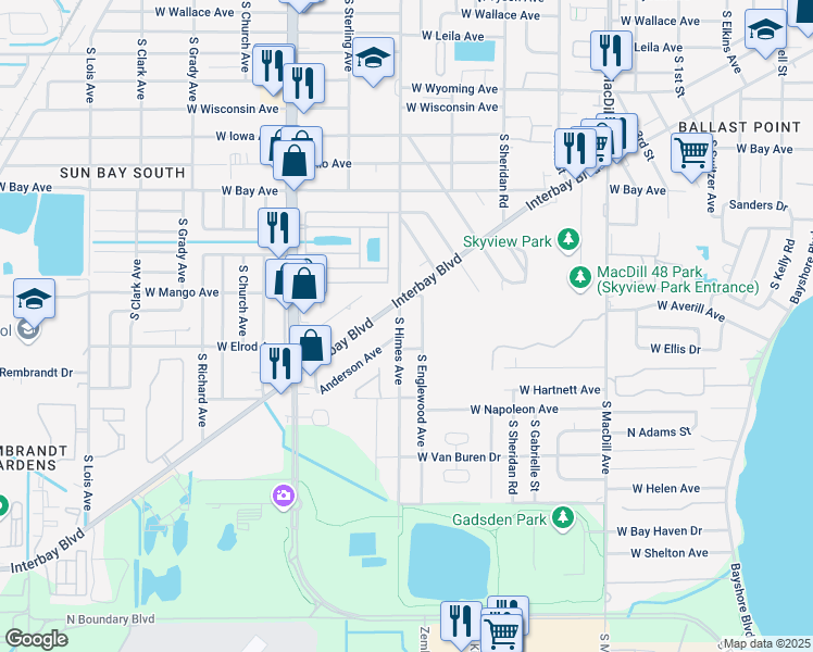 map of restaurants, bars, coffee shops, grocery stores, and more near 6411 South Englewood Avenue in Tampa