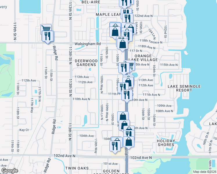 map of restaurants, bars, coffee shops, grocery stores, and more near 11190 108th Way North in Seminole