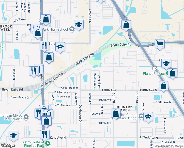 map of restaurants, bars, coffee shops, grocery stores, and more near 11297 62nd Street North in Pinellas Park