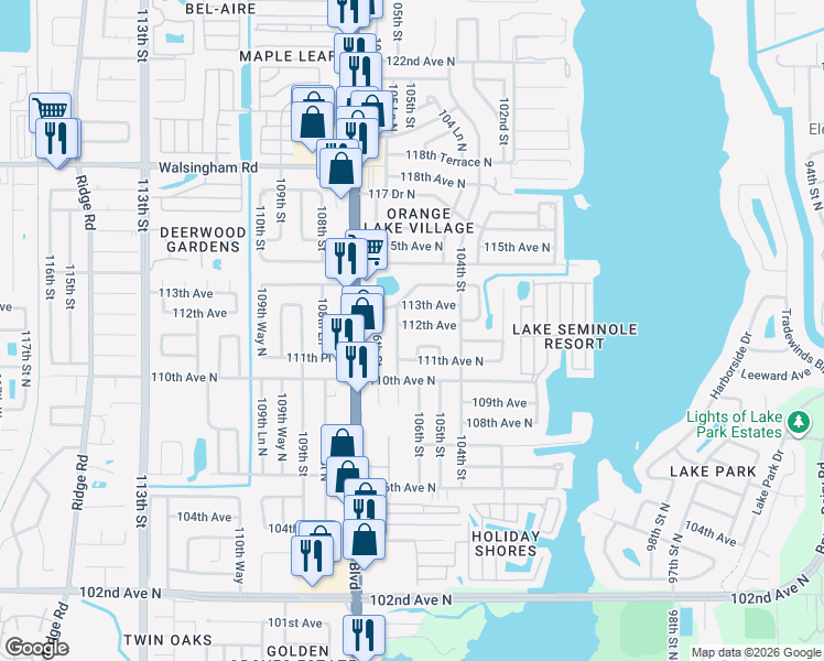 map of restaurants, bars, coffee shops, grocery stores, and more near 10574 112th Avenue in Largo