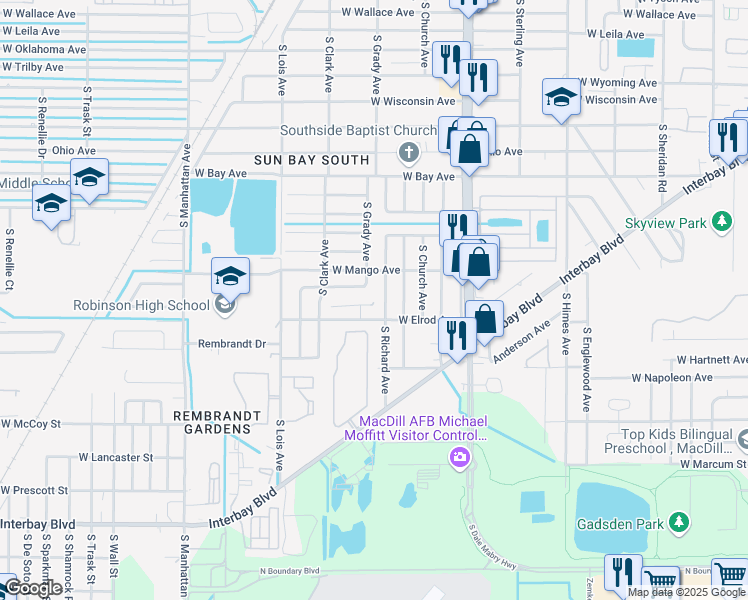 map of restaurants, bars, coffee shops, grocery stores, and more near 4001 Southernwood Court in Tampa
