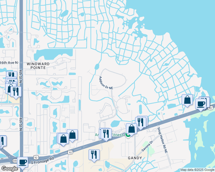 map of restaurants, bars, coffee shops, grocery stores, and more near 671 Addison Drive Northeast in St. Petersburg
