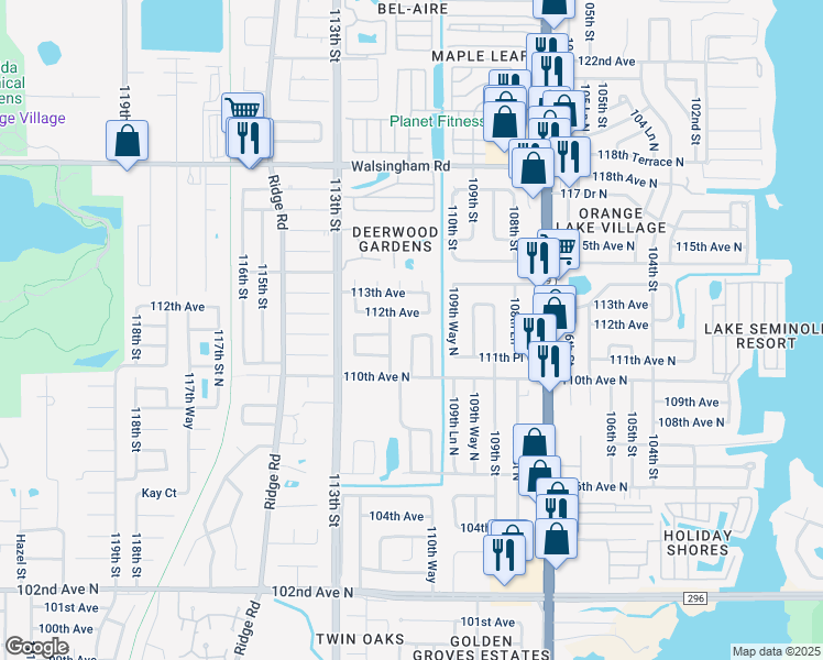 map of restaurants, bars, coffee shops, grocery stores, and more near 11188 111th Street North in Largo