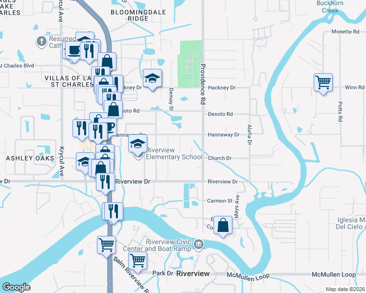 map of restaurants, bars, coffee shops, grocery stores, and more near 7403 Capitano Cove in Riverview