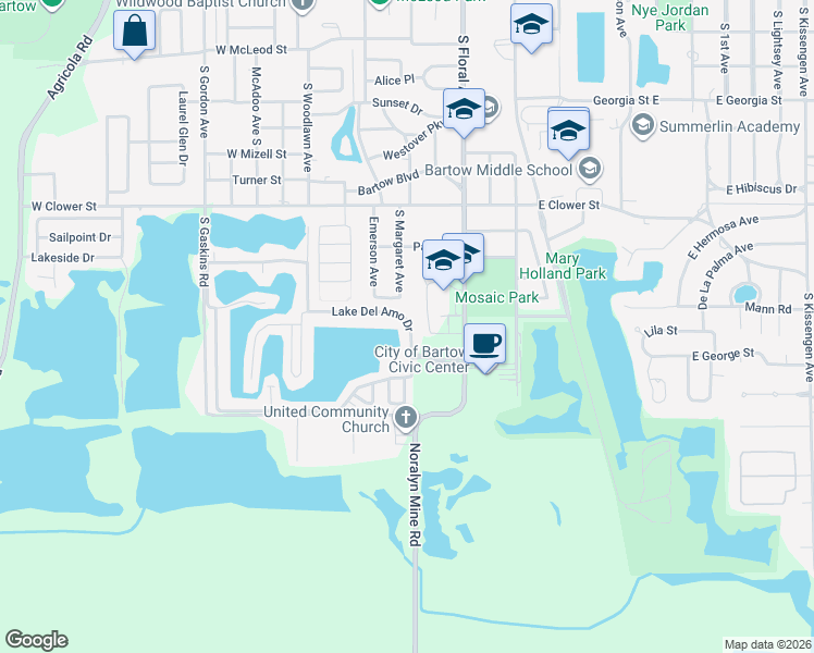 map of restaurants, bars, coffee shops, grocery stores, and more near 328 Lake Del Amo Drive in Bartow