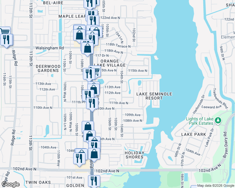 map of restaurants, bars, coffee shops, grocery stores, and more near 10450 112th Avenue in Largo