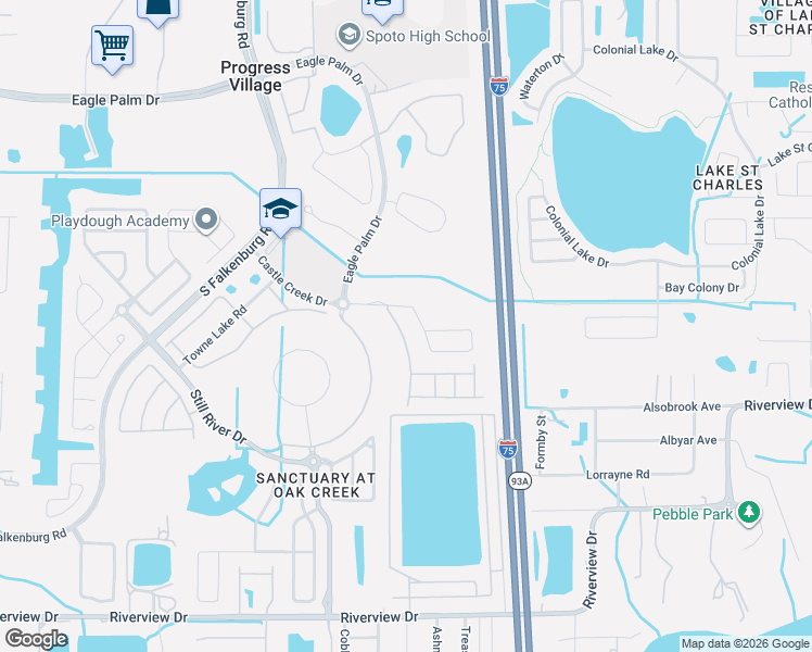map of restaurants, bars, coffee shops, grocery stores, and more near 6938 Towering Spruce Drive in Riverview