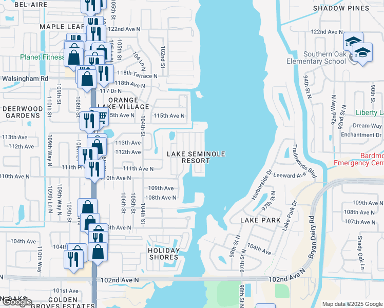 map of restaurants, bars, coffee shops, grocery stores, and more near 11105 101st Street North in Largo