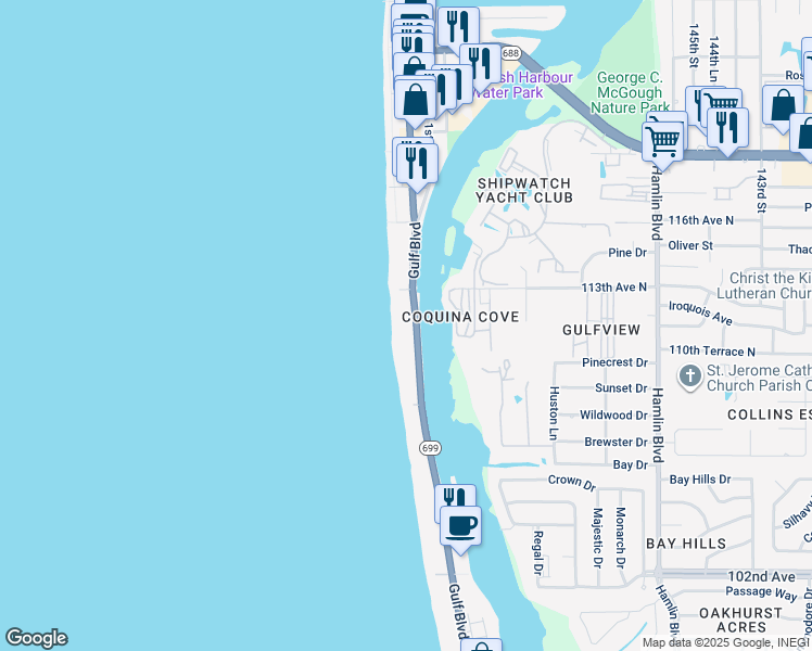 map of restaurants, bars, coffee shops, grocery stores, and more near 42 Gulf Boulevard in Indian Rocks Beach