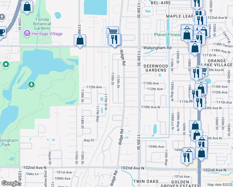 map of restaurants, bars, coffee shops, grocery stores, and more near 11170 115th Street in Largo