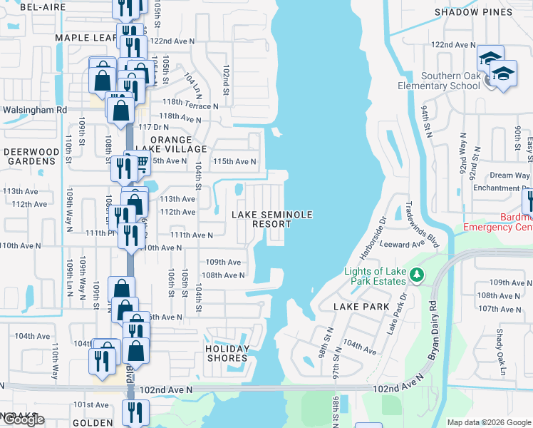 map of restaurants, bars, coffee shops, grocery stores, and more near 11176 100th Street in Largo